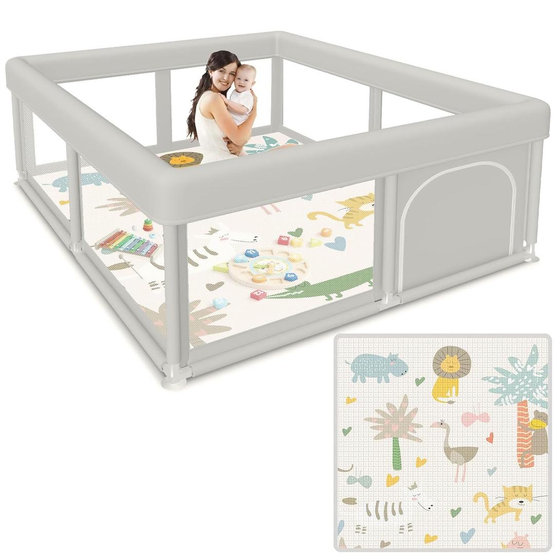 Baby Playpen 50x50 Inch Baby Playpen with Mat, Play Pen for Babies and Toddlers, Playard with Gate, Sturdy Safety Fence, Indoor & Outdoor Kids Activity Center (Grey)