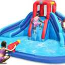 Action Air Water Slide, Inflatable Waterslide with Large Pool, Blue Bounce House with Double Slide and Climbing Wall