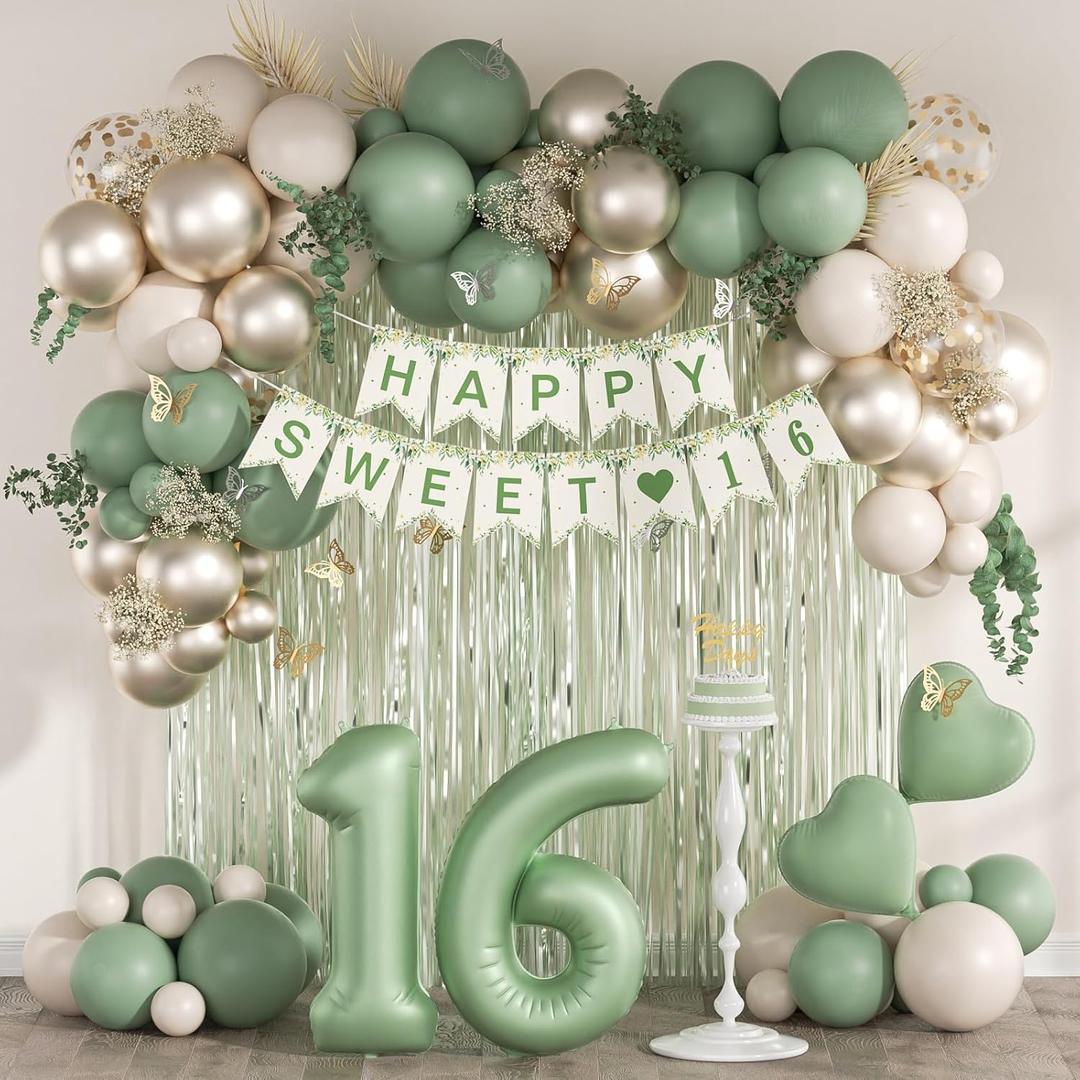 73pcs Sweet 16 Party Decorations, 16 Birthday Decorations with 16th Birthday Banner 16 Balloon Number Fringe Curtain Sage Green Sand White Gold Balloons for Sweet 16 Birthday Decorations
