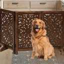 Freestanding Pet Gate for Dogs, Foldable Wooden Dog Gate for House, Indoor Dog Gate for Stair, Doorway, Circle Design Gates for Dogs Indoor, 48 Inch Wide, (16" x3 Panels =48 inch), Burnt Finish