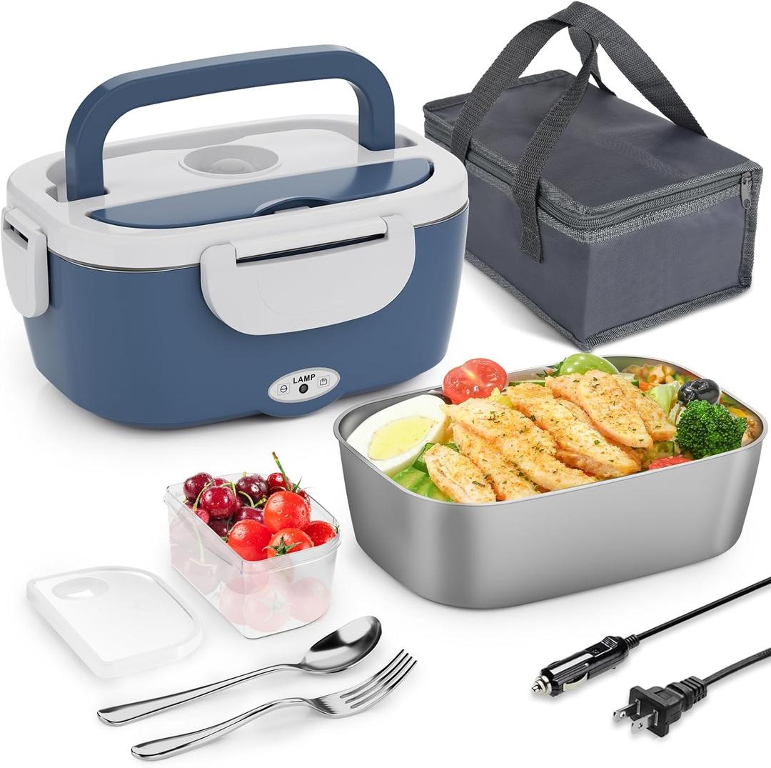 Carsolt Electric Lunch Box Food Heater - 3 in 1 Portable Leakproof Heated Lunch Box for Car/Home/Adults with 1.5L Removable 304 Stainless Steel Container, 60-80W, 12V/24V/110V(Grey Blue)