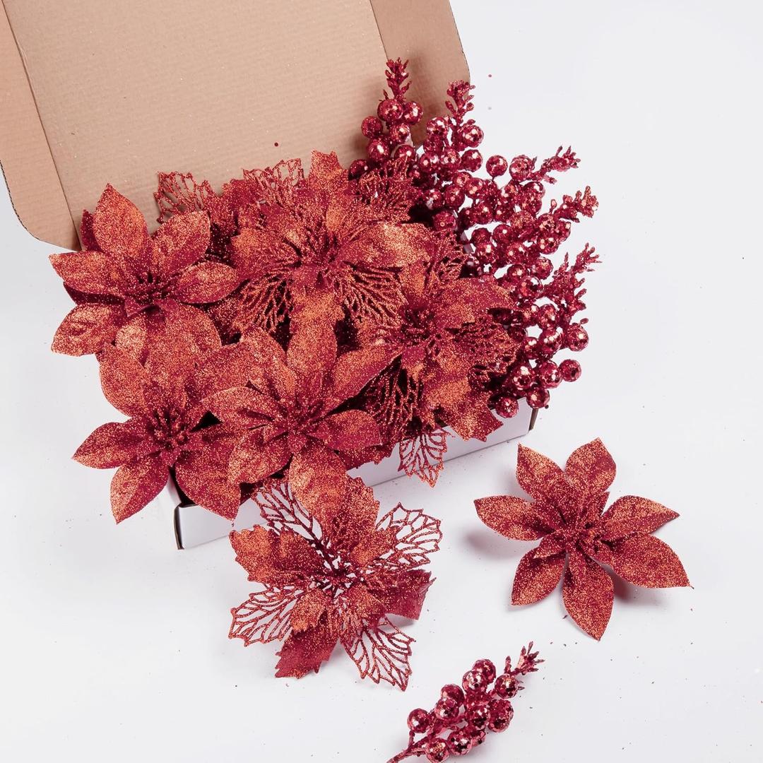 24Pcs Red Glitter Poinsettia Christmas Tree Ornaments and Glitter Berries Stems, 16Pcs Christmas Artificial Flowers and 8 Pack Christmas Tree Picks for Wedding Holiday Decorations 24Pcs Red Glitter Poinsettia Christmas Tree Ornaments and Glitter Berries Stems, 16Pcs Christmas Artificial Flowers and 8 Pack Christmas Tree Picks for Wedding Holiday Decorations