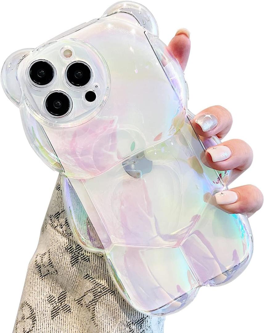 Bear Phone Case Compatible with iPhone 15 Pro Max Case, Cute 3D Holographic Clear White Bear Case, Shockproof Kpop Cartoon Bear Phone Case for Women Girls