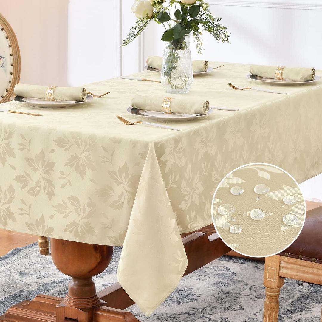 Romanstile Spring Jacquard Rectangle Tablecloth - Outdoor Waterproof Damask Floral Pattern Decorative Table Cloths Heavy Weight Fabric Table Covers for Dinner/Parties/Outdoor - 60 x 102 Inch, Beige