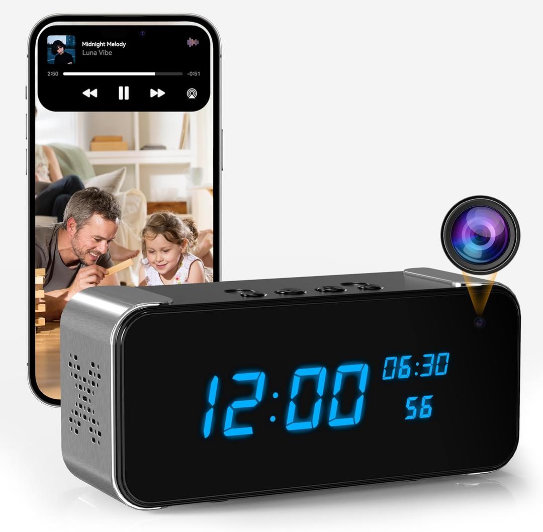 Wireless Indoor Hidden Camera for Home Security 3-in-1 Camera with Clock & Bluetooth Functionality 4K HD Night Vision, Motion Detection, Clock Hidden Camera