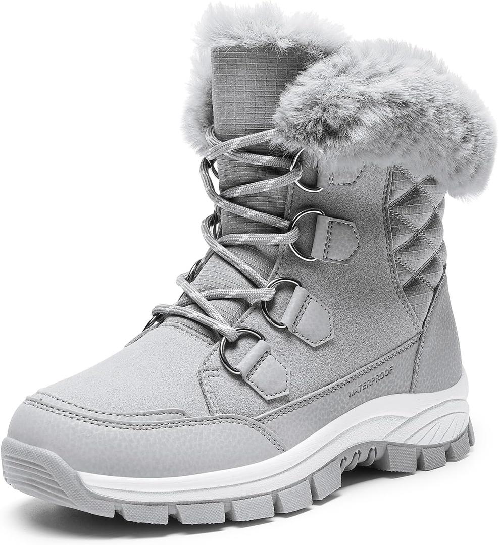 DREAM PAIRS Waterproof Snow Boots for Women, Faux Fur Cozy Warm Insulated Winter Boots Lace Up Mid-Calf Outdoor Shoes for Walking Hiking Hespera (9, Light Grey)