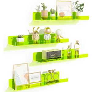 upsimples Acrylic Shelves for Wall Decor, 15" Display Shelf for Figure, Nail Polish, Wall Organizer for Bathroom, Bedroom, Living Room, Playroom, Kids Bookshelf, Clear Fluorescent Green, 4 Pack