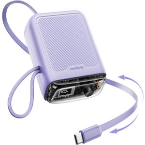 Two-Way Charging Power Bank, Built-in Retractable Cables, Dual Device Charging, Travel Essential Phone Power Bank, Compatible with iPhone 17 Pro Max, Samsung, iPad (Purple)