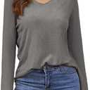 Women's V Neck Pullover Sweater Long Sleeve Soft Knit Lightweight Jumper Tops (Gray, M)