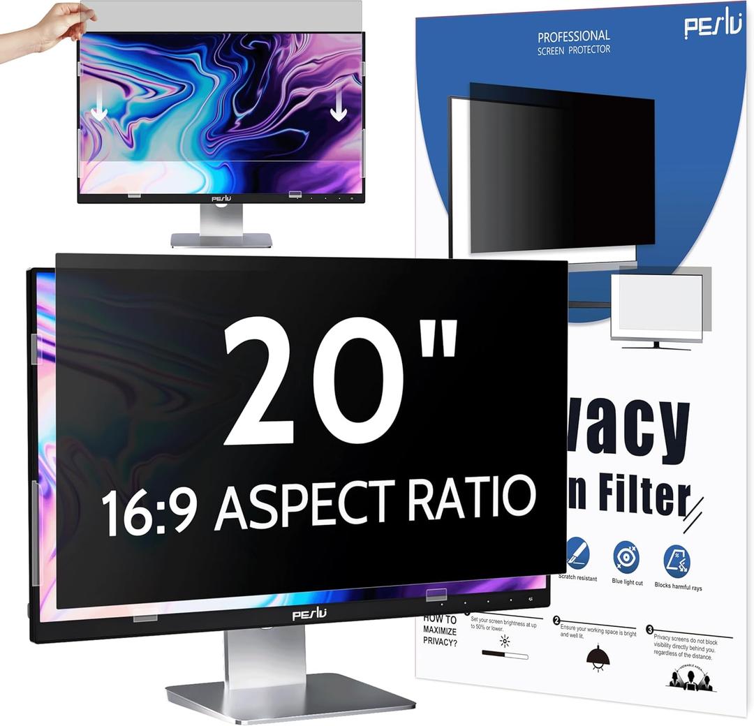 Computer Privacy Screen 20 Inch for 16:9 Widescreen Monitor, Removable 20inch Anti Blue Light Anti Glare Monitor Privacy Filter Shield (17 7/16" x 9 13/16")
