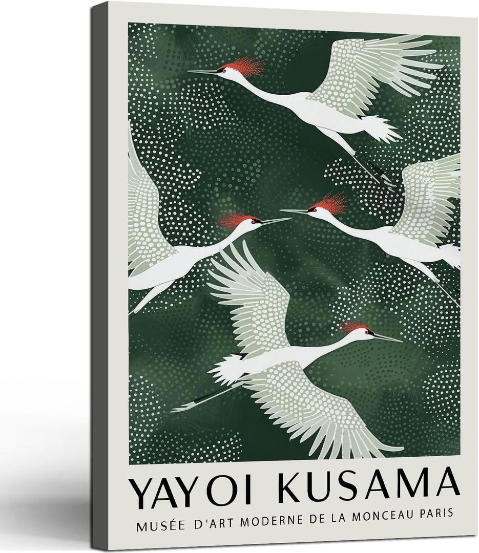 Framed Red Crowned Crane Japanese Rustic Nature Animal Wall Art Decor Canvas Mural Print Picture Simple Green Bird Picture Modern Zen Poster Gallery Bedroom Living Room Office 12x16 Inch Ready to Hang