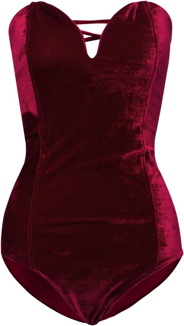 Women Strapless Velvet Bodysuit Back Lace Up Jumpsuit,Sexy Bodysuit Top Playboy Bunny Halloween Costume (Large, Burgundy)