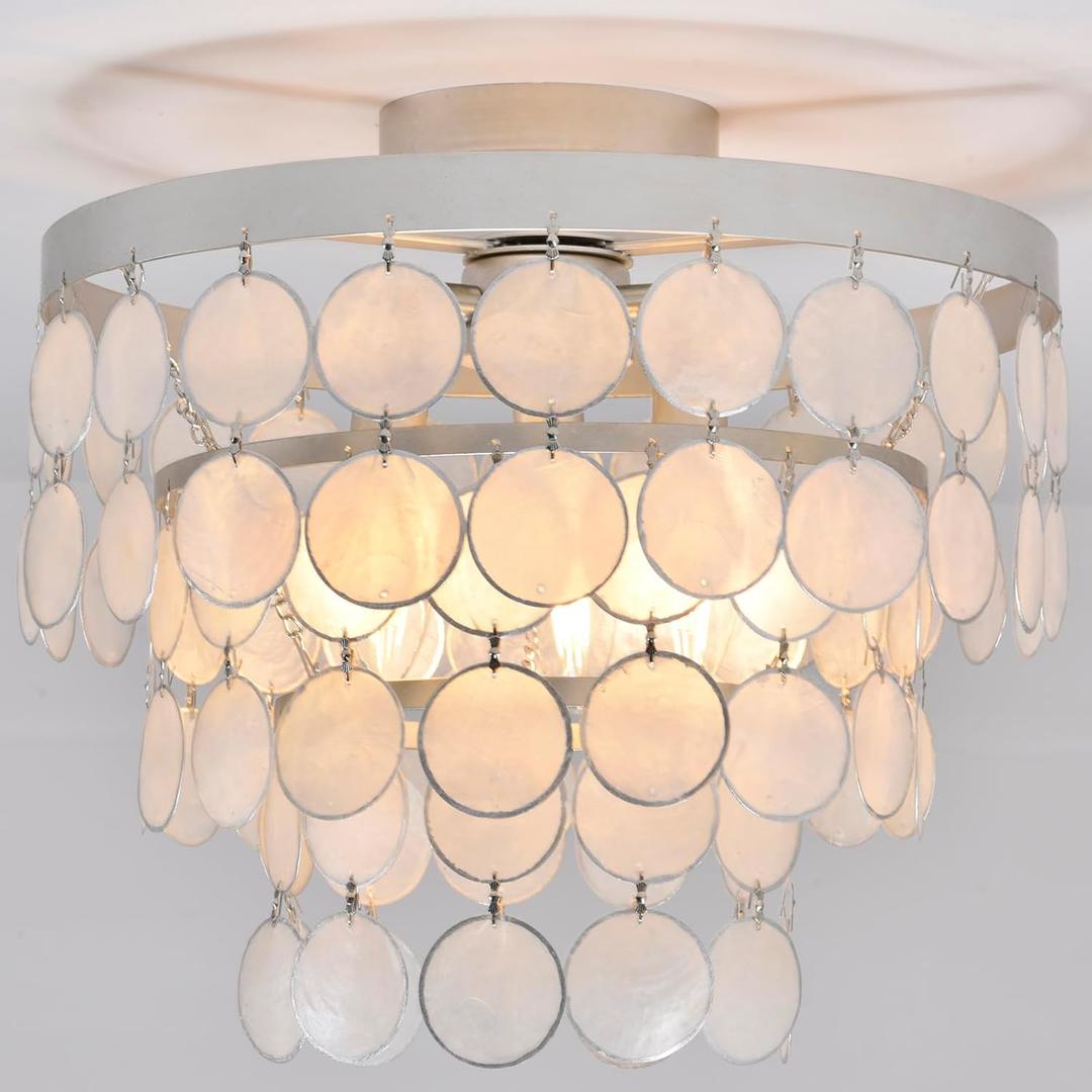 Modern Capiz Shell Chandelier Boho Coastal Silver Flush Mount Ceiling Light Fixture for Kids Bedroom,Dressing Room,Entryway,Kitchen Dining Room