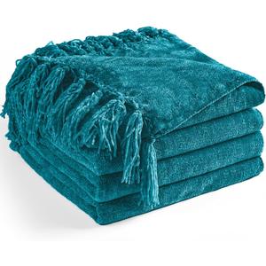Chenille Throw Blanket for Couch 60"X 80" Twin, Soft Cozy Throws with Fringe Tassel for Bed Sofa Chair Cover, Lightweight Knitted Decorative Boho Blankets for Living Room, Teal