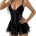 SOLY HUX Women's Y2k Lace Mini Dress Spaghetti Strap Corset Ruffle Hem Party Club Dresses (Medium, Pure Black)