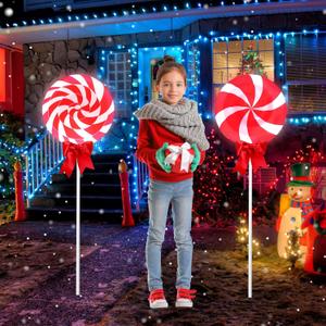 2Pcs 4ft/48in Large Christmas Lollipops Pathway Lights Outdoor - 6 Modes Peppermint Candy Candyland Decor - Jumbo Giant for Outside Landscape Walkway Patio Garden (Red White)