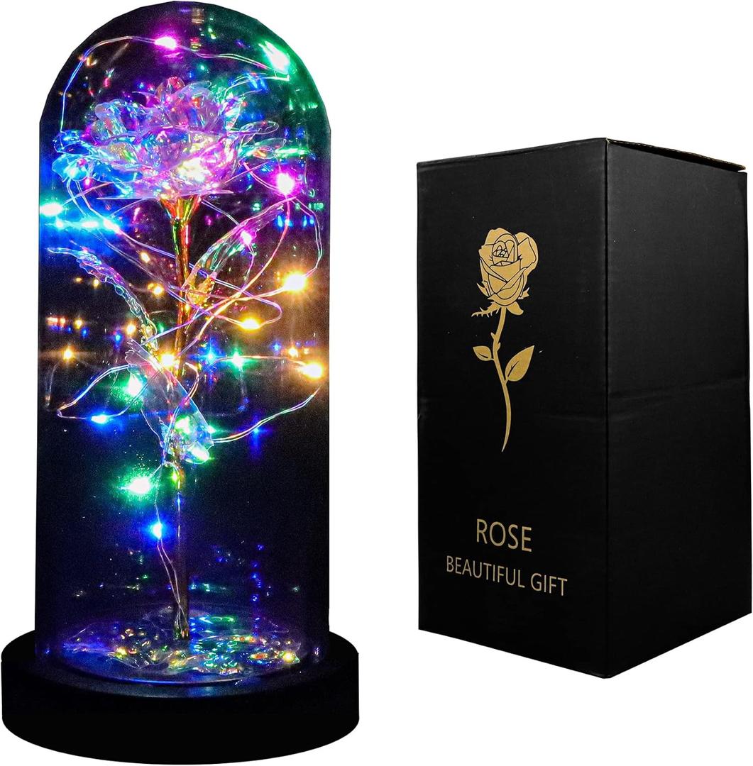 INOGIH Galaxy-Artificial Rose-Flowers-Forever Enchanted Rose with Colorful LED Light in Glass Dome for Romantic Gifts Anniversary (One Size)
