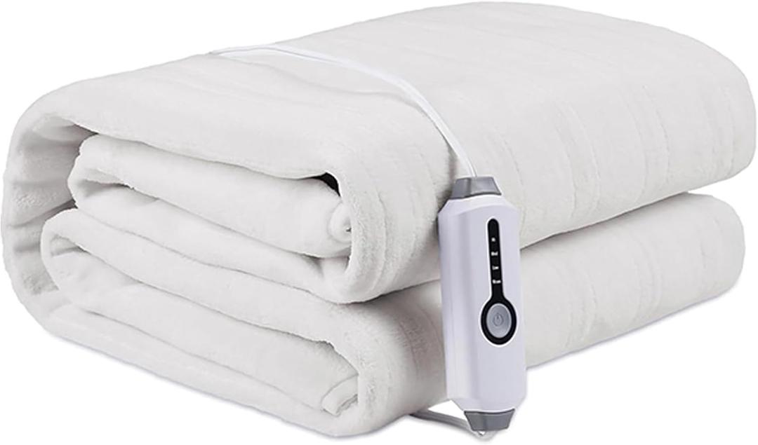 Electric Heated Mattress Pad 60" x 80" Queen Size, Dual Control 4 Heating Levels & 10 Hours Auto Off, Soft Lightweight Sherpa Coral Fleece Bedspread - White