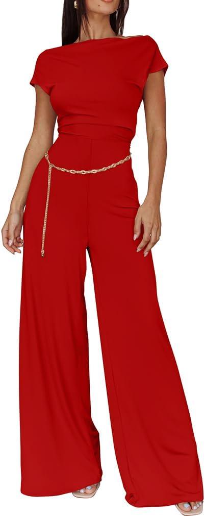 XXTAXN Women's Caual Fashion Crew Neck Short Sleeve Ruched Waist Backless Tie Wide Leg Long Pant One Piece Jumpsuit (Red, L)