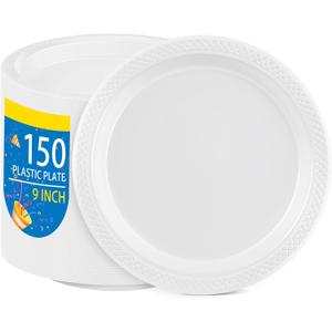 WELLIFE White Plastic Plates 9 Inch -150 Count for Party, Disposable Plastic Party Plates for Wedding Dinner Birthday Engagement