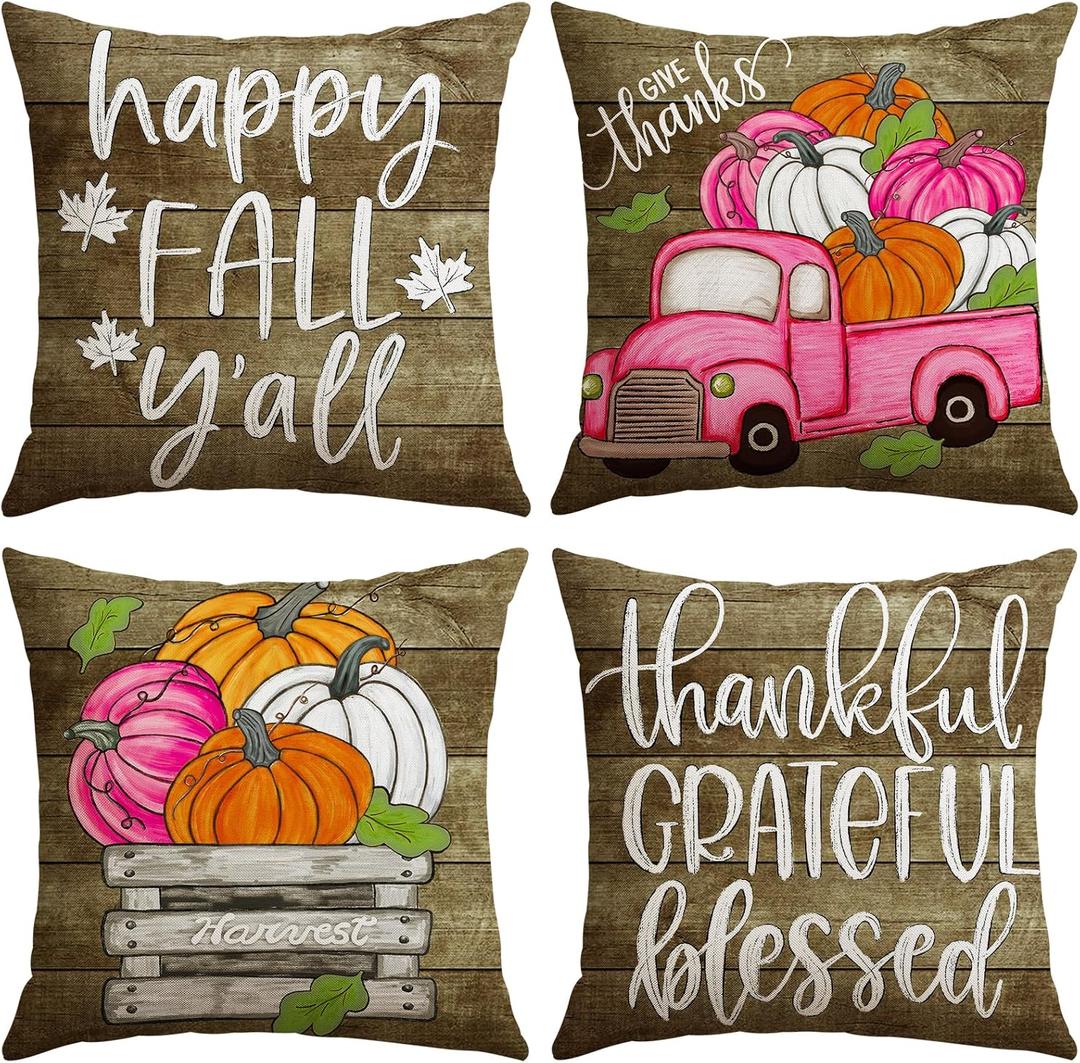 2 x Artscope Fall Decorative Throw Pillow Covers 16x16 Inch Set of 4, Happy Fall Pumpkin Truck Thankful Grateful Blessed Outdoor Farmhouse Pillow Cases for Home Sofa Couch-Pink Brown