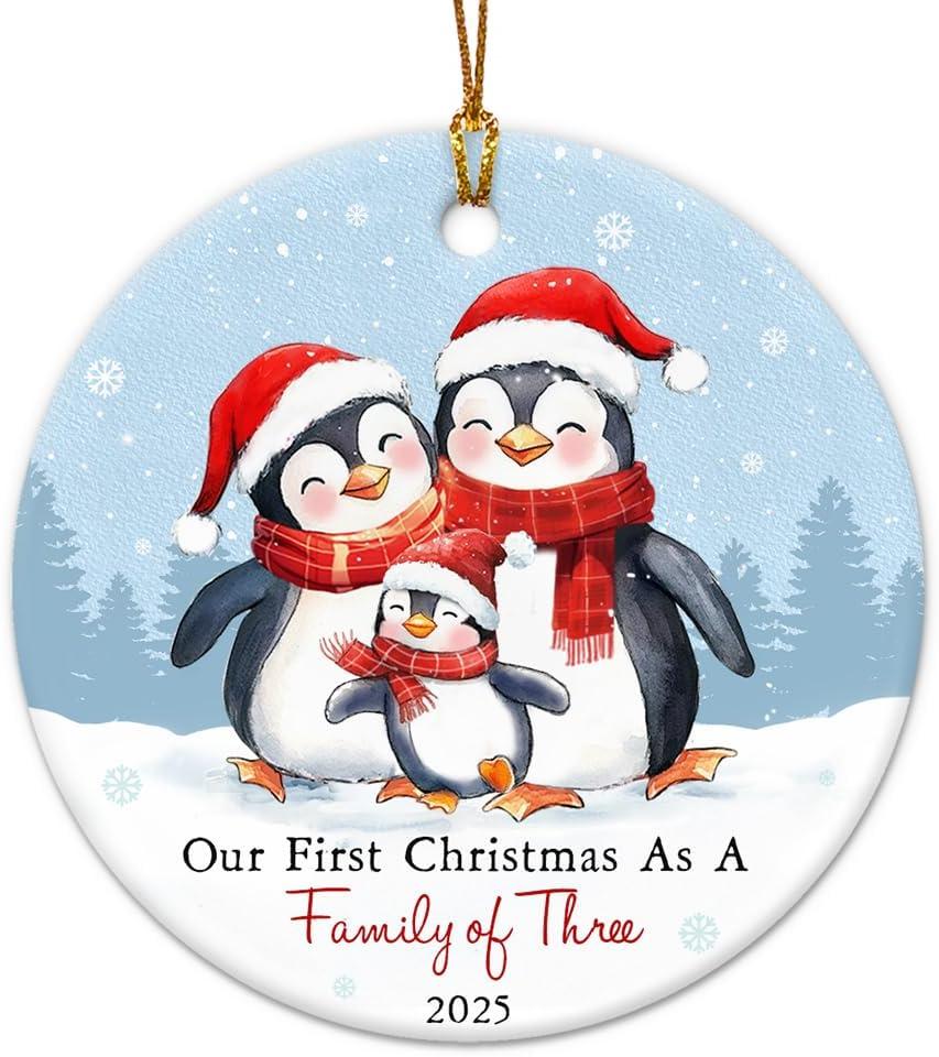 3 x Family of 3 Christmas Ornament 2025 - Our First Christmas As A Family of Three Ornament, Baby First Christmas Ornaments for New Parents, Newborn, Mom and Dad Gifts Ideas Ceramic Hanging Decor
