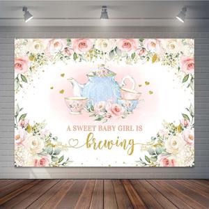 Tea Party Baby Shower Backdrop Baby is Brewing Party Decorations for Baby Shower Blush Pink Gold Floral Girl Baby Shower Cake Table Decorations Photo Booth Props (7x5ft), X-203