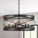 6-Light Farmhouse Drum Pendant Light, 21.65'' Nature Wood Texture Vintage Rustic Chandeliers Black Metal Industrial Glass Shade Hanging Light Fixtures for Entryway, Bedroom Dining Room
