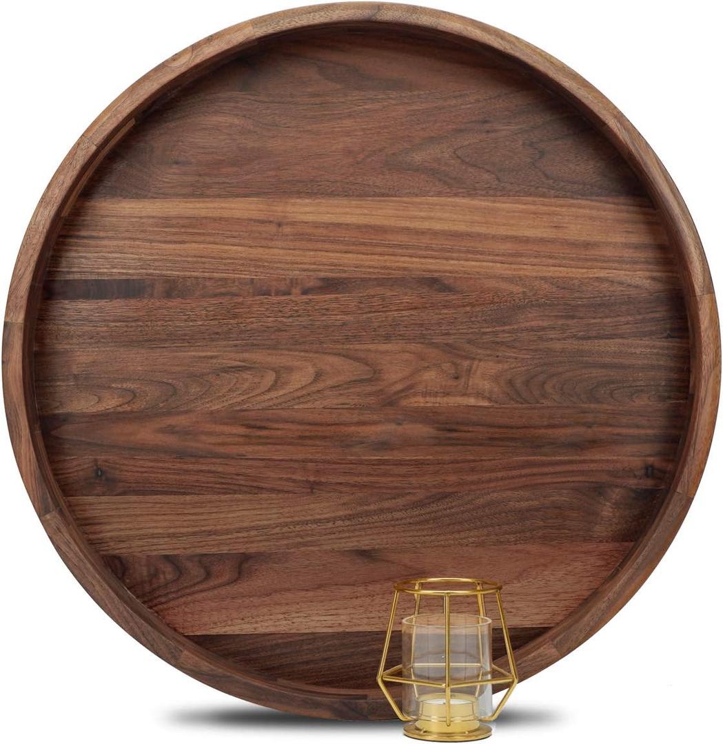 20 Inches Extra Large Round Black Walnut Wood Ottoman Tray with Handles, Serve Tea, Coffee or Breakfast in Bed, Classic Circular Wooden Decorative Serving Tray