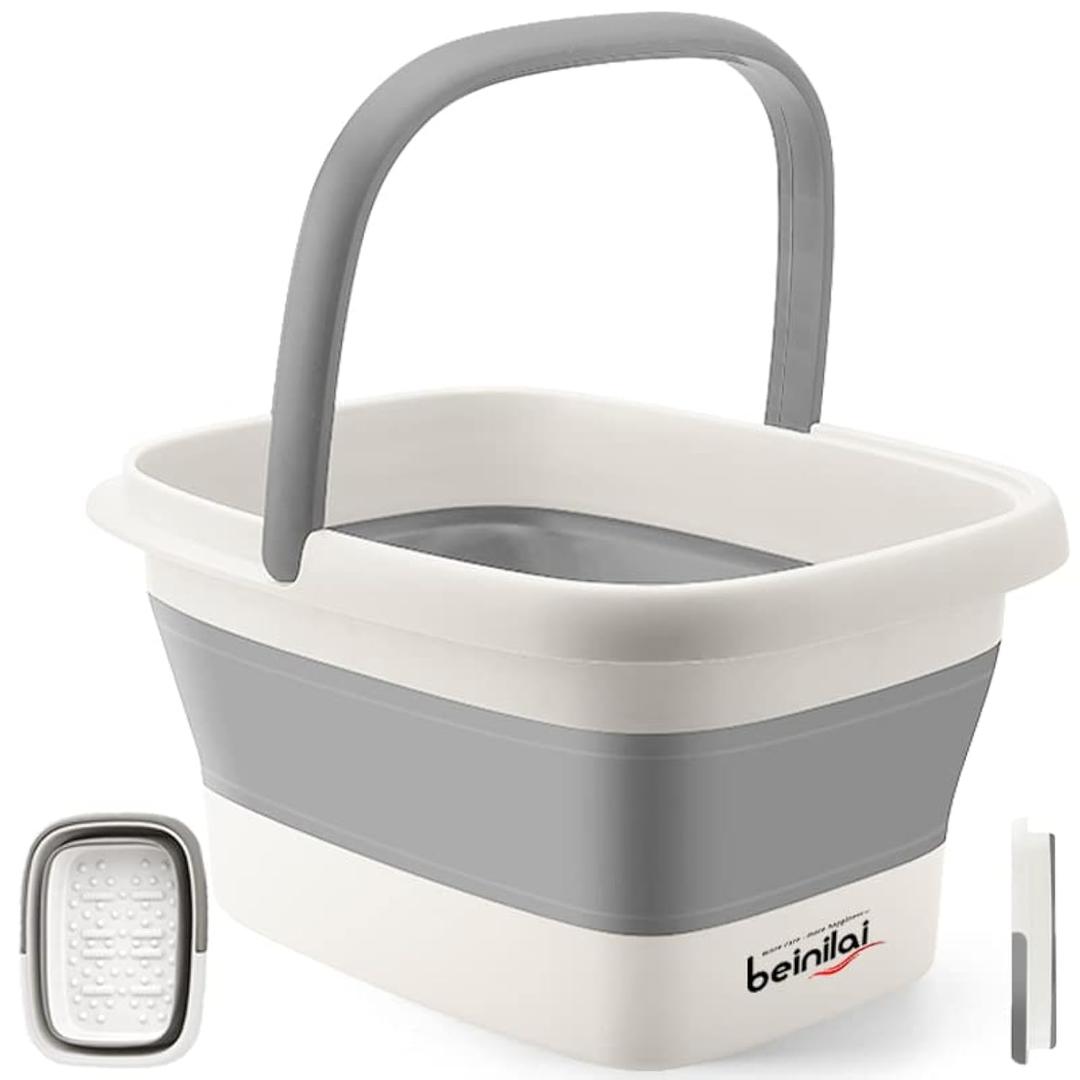 Collapsible Foot Bath Basin for Soaking Feet,Foot Soak Tub,Plastic Foot Bucket with Handles and Massage Acupoint,Foldable Laundry Basket-Gery (1 Pack, Gray)