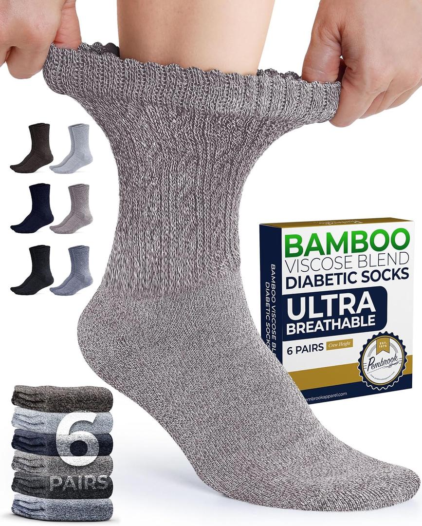 Pembrook Diabetic Socks for Women - 6 Pairs Cable Knit Viscose Bamboo Socks Woman, Non-Binding Top, Moisture-Wicking (Medium, Steel Gray/Light Brown/Brown/Dark Gray/Gray/Navy - 6 Pairs)