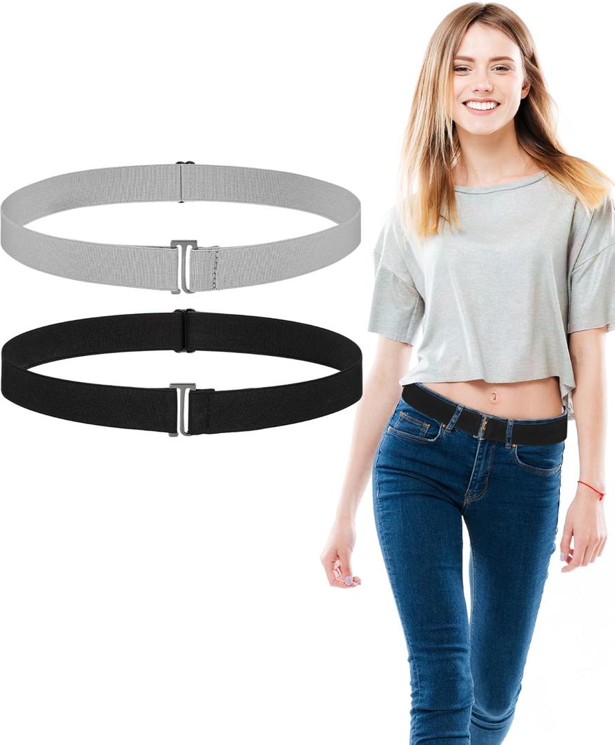 SATINIOR 2/3/4 Pack Women Elastic Stretch Belt Invisible Sweater Tuck Belts with Flat Buckle for Jeans Pants Dresses (Black, Grey)