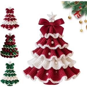 DIY Crochet Christmas Tree Kit, Christmas Tree Crochet Craft Kit Ornaments, Handmade Holiday Craft Set, Beginner-Friendly Crochet Kit with Yarn, Crochet Hook, and Instructions (White and Red)