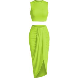 ZAFUL Women's Casual Sleeveless Summer Two Piece Outfits Crop Top and Side Split Draped Ruched Maxi Skirt Set Solid Suiting