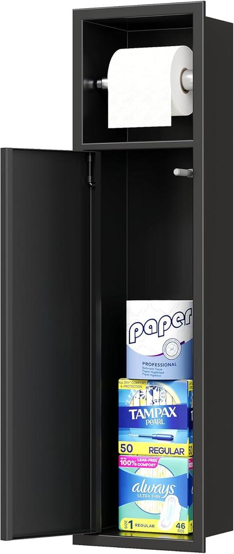 Neodrain Black Recessed Toilet Paper Holder in Wall Tissue Holder, 304 Stainless Steel Tissue Paper Holder with Dispense and Storage for Bathroom (Matte Black)