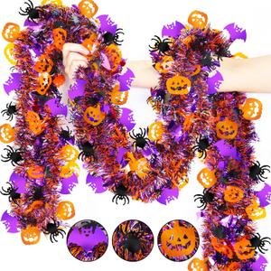 Halloween Decorations,50 FT Halloween Tinsel Garland with Orange Pumpkin Black Spider Purple Bat, Shiny Metallic Twist Garland for Home Tree Indoor Outdoor Party Decorations