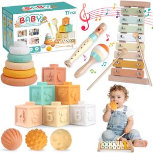 Montessori Toys 6 in 1 Musical Instruments for Toddler Stacking Blocks Development Learning Educational Toy with Wooden Xylophone Baby Birthday Gift