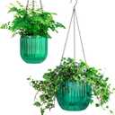 Melphoe 2 Pack Self Watering Hanging Planters Indoor Flower Pots, 5.3/8.3 Inch Outdoor Hanging Basket, Plant Hanger with 3Hooks Drainage Holes for Garden Home (Emerald)