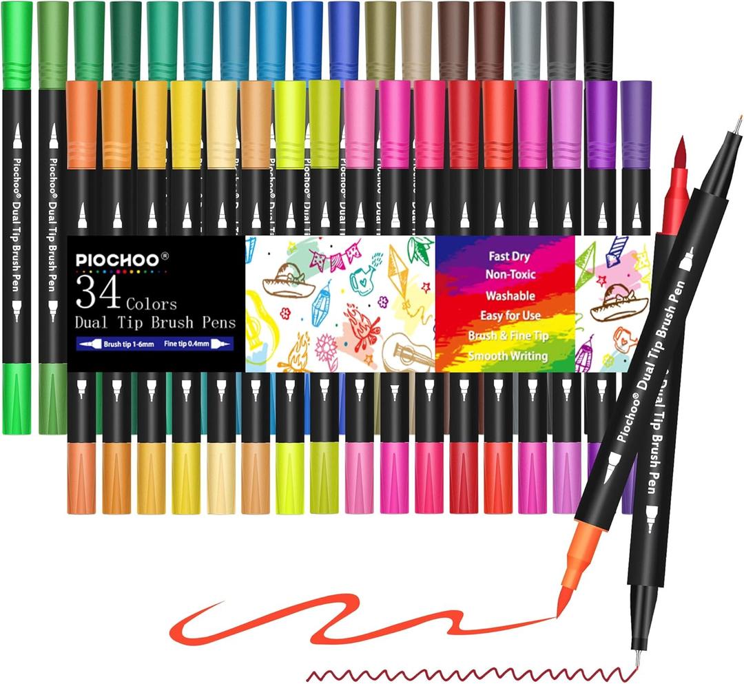 Coloring Markers Pens, 34 Dual Tip Brush Pens, Fine Point Marker set for Adult Coloring Book, Bullet Journaling, Drawing