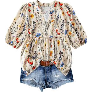 MakeMeChic Women's Floral Notched Blouse Puff Sleeve Ruffle Hem Summer Shirt Tops (X-Large, Apricot)