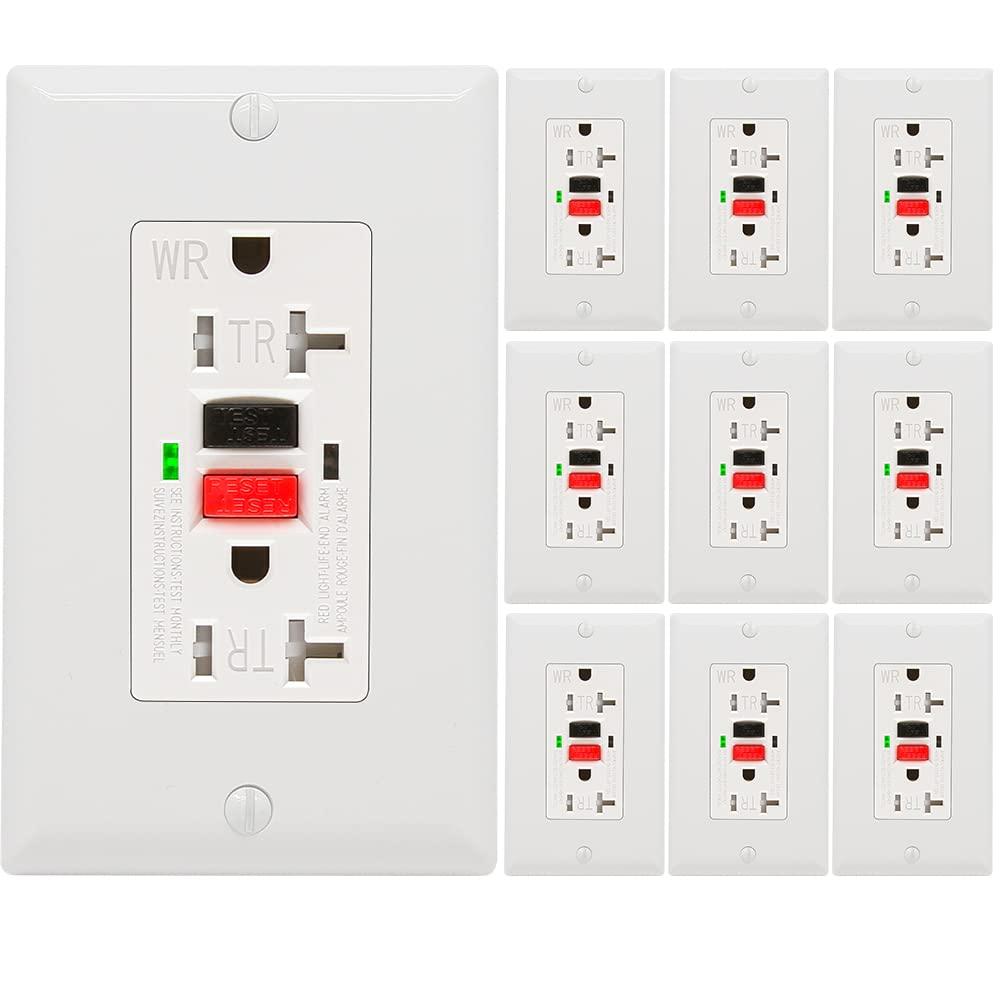 10 Pack - POWAWINI GFCI Outlet 20 Amp, UL Listed, Self-Test GFI Receptacles, TamperResistant, Weather Resistant, LED Indicator, with Decor Wall Plates and Screws, Indoor or Outdoor Use (Red/Black)