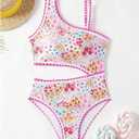Floerns Girl's One Piece Swimsuits Floral Asymmetrical Neck Cut Out Monokini Swimwear (Light Pink)