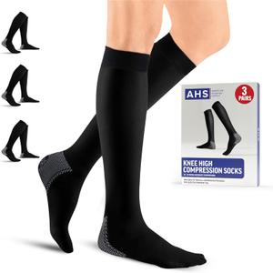 American Hospital Supply Knee High Compression Socks | 15 - 20 mmHg Black Large Lighweight Compression Stockings | Pack of 3 Pairs Therapuetic Support Socks