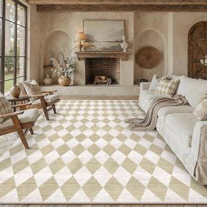 9x12 Checkered Beige Area Rug for Living Room Bedroom Washable Soft Modern Non Slip Large Throw Rug Lightweight Low Pile Neutral Carpet Dining Room Office Classroom Nursery Playroom