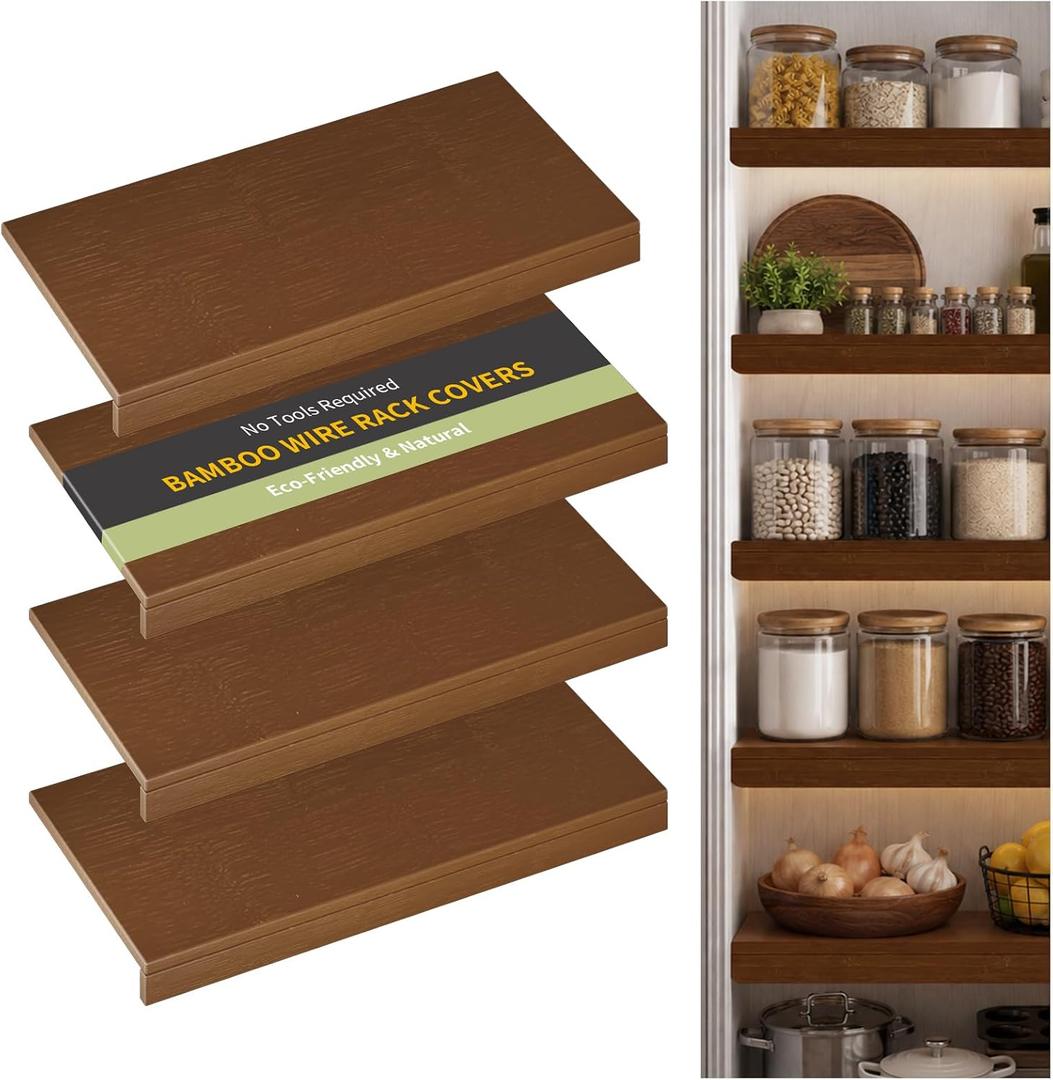 Wire Shelf Covers, Bamboo Wire Rack Covers for Pantry, ClosetKitchen (4pcs, 32" W x 16" D, Walnut)