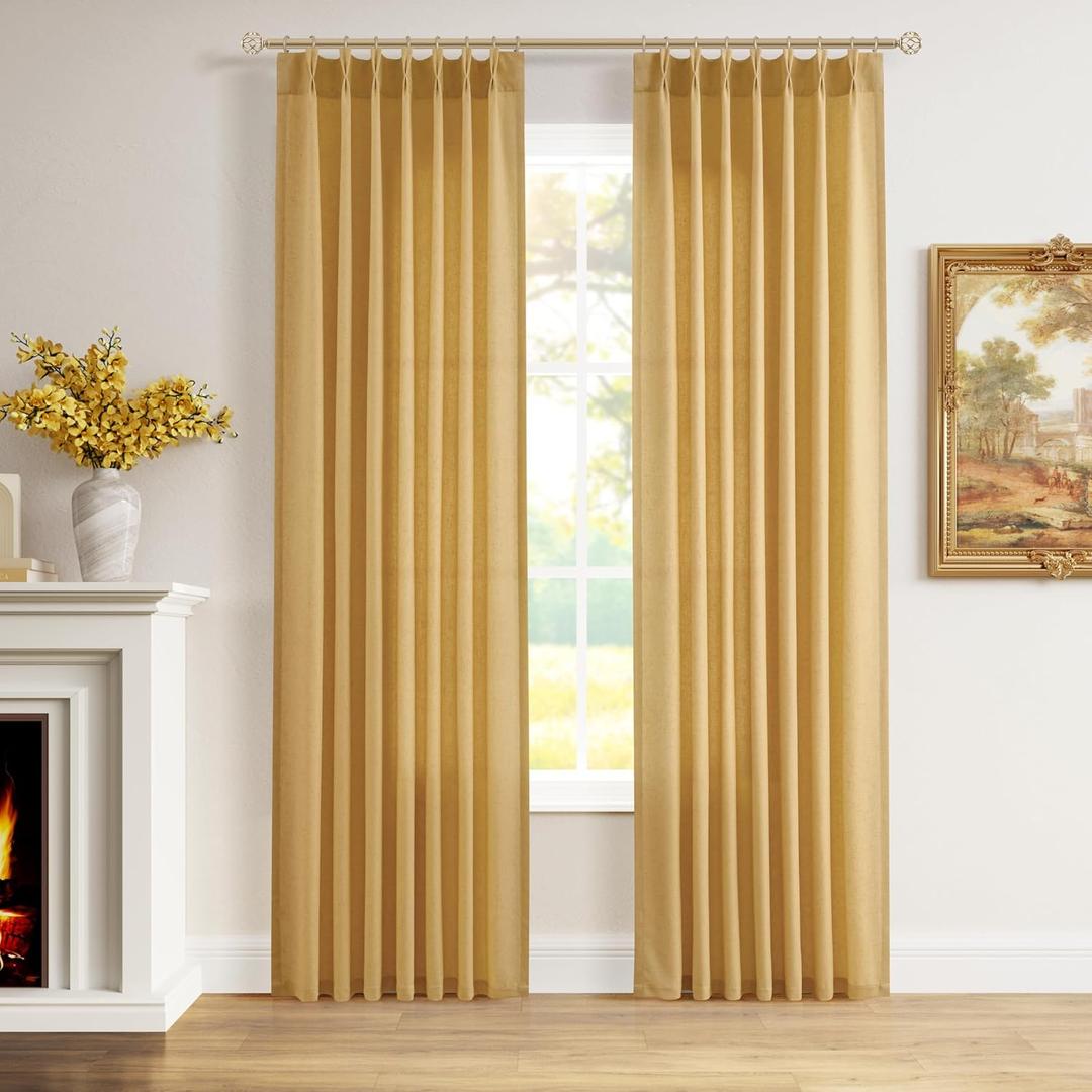 Gold Yellow Pinch Pleated Linen Curtains 84 Inch Length 2 Panels for Living Room Bedroom Semi Sheer Window Curtain Boho Neutral Back Tab Pinch Pleat Drape with Hooks 40x84