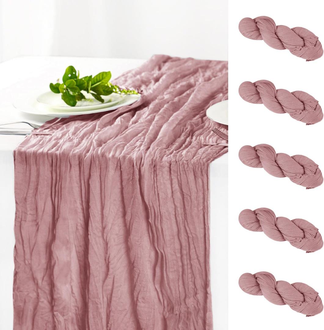 Hahuho Dusty Pink Cheesecloth Table Runner 10ft, Gauze Boho Rustic Table Runners for Wedding Birthday Party Baby Shower Decorations6 Pack , 35x120 Inches
