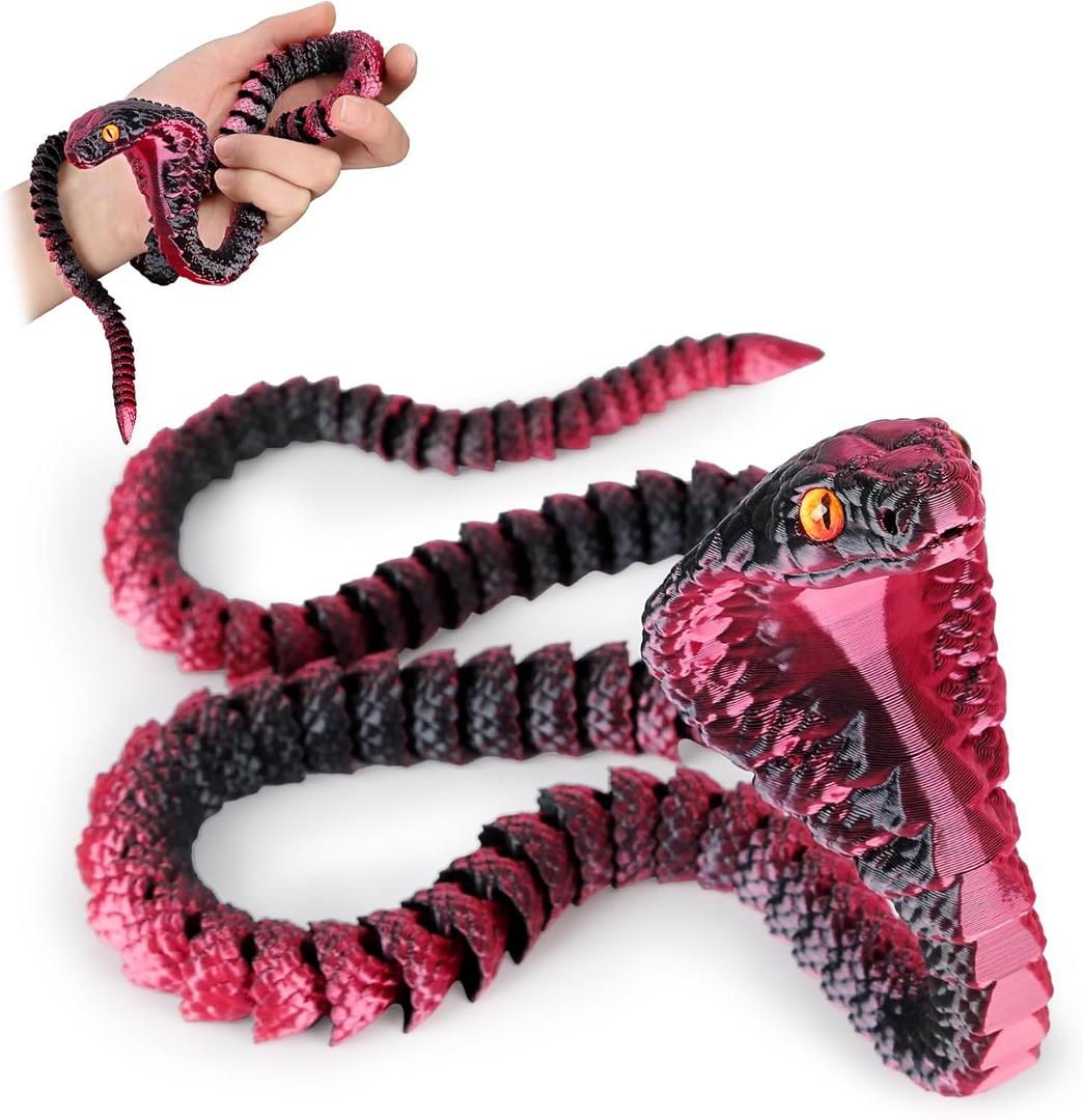 3D Printed Snake,23 Inch 3D Printed Animals,3D Printed Fidget Toys,Home Office Decor Executive Desk Crystal Cobra Toys Black Red