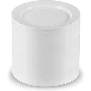 Munfix 100 White Plastic Plates Set, 7 Inch Dessert Appetizer, Fancy Disposable, Heavy Duty, Elegant Wedding Party Plates