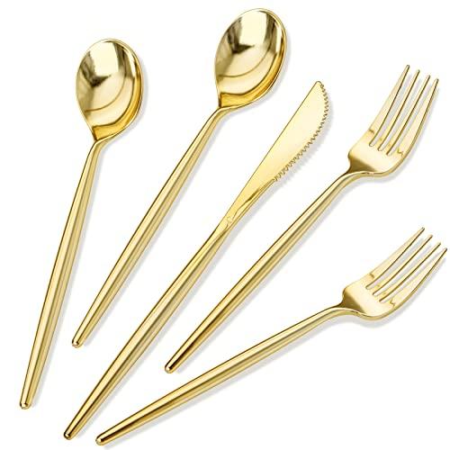 Rubtlamp 180Pcs Gold Plastic Silverware,Luxury Gold Plastic Cutlery,Heavy duty Golden Disposable Flatware, Utensils Set Disposable Include 60Gold Forks,60Gold Spoons,60Plastic Knives for Party,Wedding